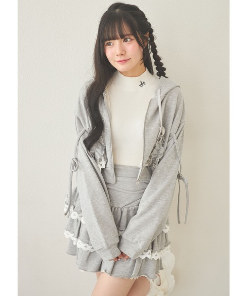 Suyunn パーカー リボン付きレースフリルパーカー レディース