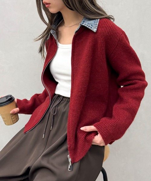 SpRay（スプレイ） カーディガン デニム衿ジップニットカーディガン