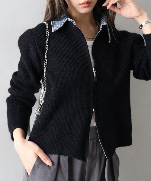 SpRay（スプレイ） カーディガン デニム衿ジップニットカーディガン