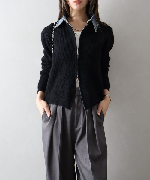 SpRay（スプレイ） カーディガン デニム衿ジップニットカーディガン