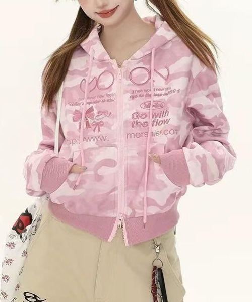 GEMEDA パーカー ピンクカモフラージュジップパーカー レディース