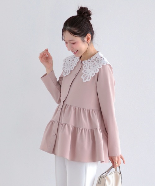 バテンレース衿トップス　ピンク　fit more Fit more（フィットモア） バテンレース衿トップス レディース