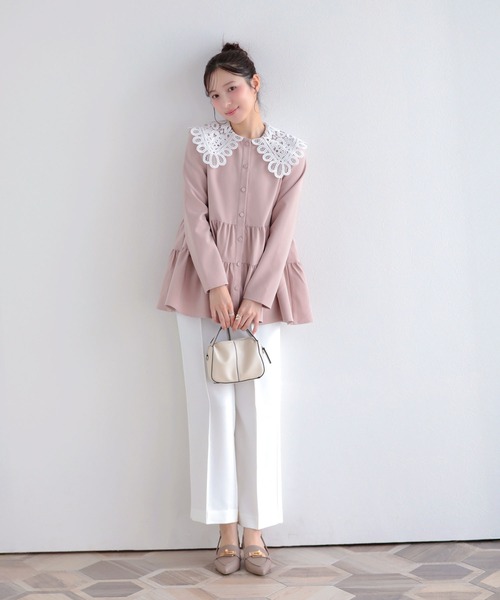 バテンレース衿トップス　ピンク　fit more Fit more（フィットモア） バテンレース衿トップス レディース
