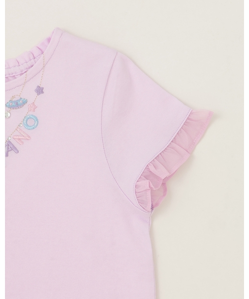 tシャツ ネックレス刺しゅう　袖フリル　半袖Tシャツ キッズ 子供服 女の子の画像
