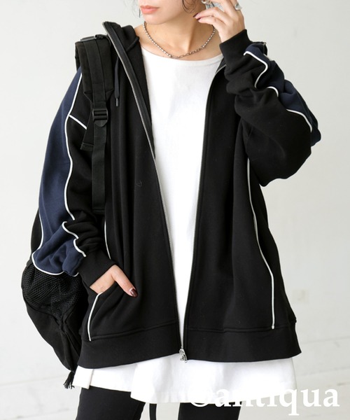 「antiqua」 ジップアップパーカー ONESIZE ブラック レディース_画像4