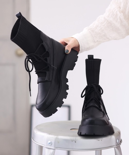 VIVIAN（ヴィヴィアン） ブーツ 厚底レースアップニットブーツ