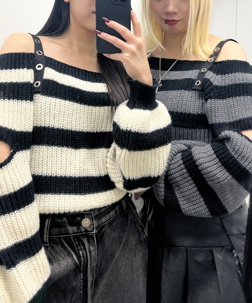 10月4日まで更に10%OFF ショルダーベルトニットトップス 2Color〉ベルトストラップオフショルニット M1-0547 | Magnifique C