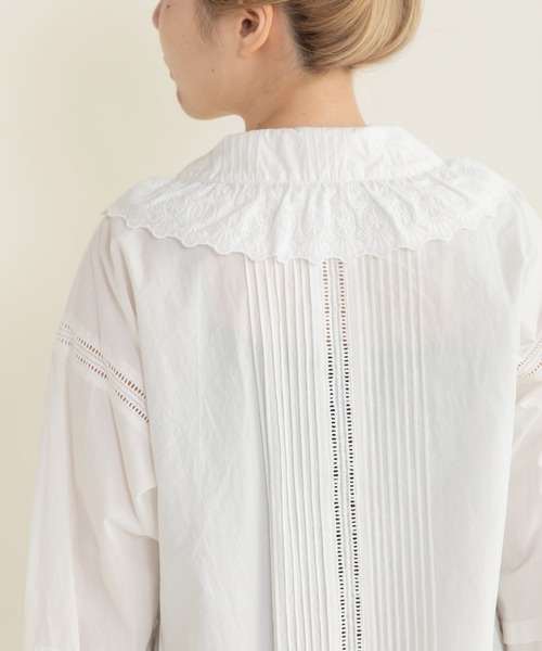 ドットアンドストライプス ピンタック レースブラウス 白 コットン F Dot＆Stripes CHILD WOMAN（ドット＆ストライプス チャイルドウーマン