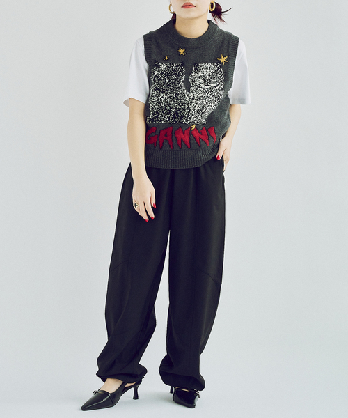 【GANNI】グラフィックキャット ウール混 ベスト GANNI ベスト GANNI/ ガニー Graphic Wool Mix Cats Vest