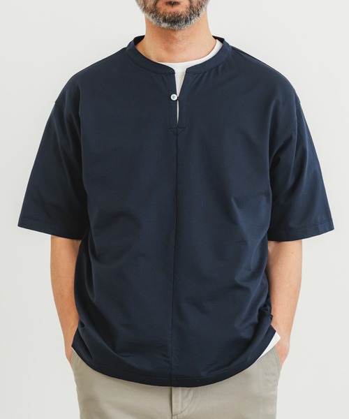 豆の介 quadro tシャツ コットンリネンフロート5分袖変形ヘンリーネック