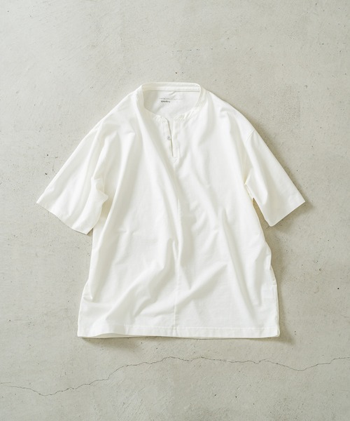 豆の介 quadro tシャツ コットンリネンフロート5分袖変形ヘンリーネック