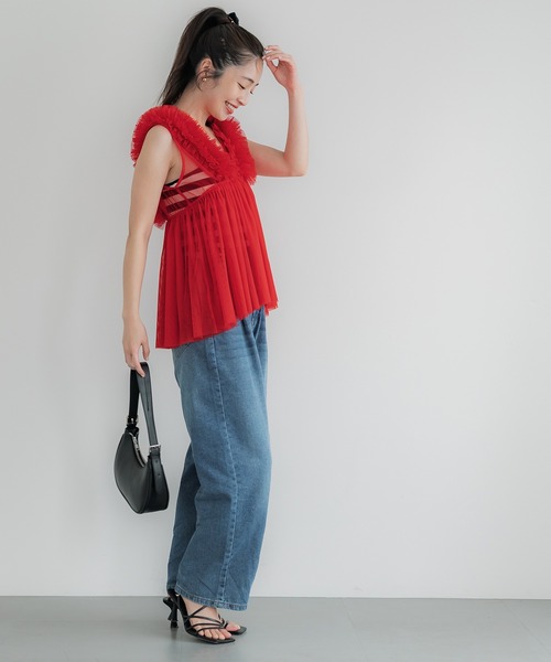 JUCCA 売れ筋商品|||ユッカ Tシャツ トップス レディース Tops Red coca tシャツ チュールVネックトップス レディース : ZOZOTOWN