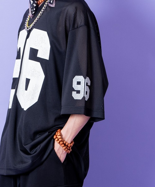 オーバーサイズ ゲームシャツ メッシュ 黒 刺繍ナンバリング B系 HIPHOP tシャツ a.p.o.v. ナンバリングプリントオーバーサイズメッシュゲーム
