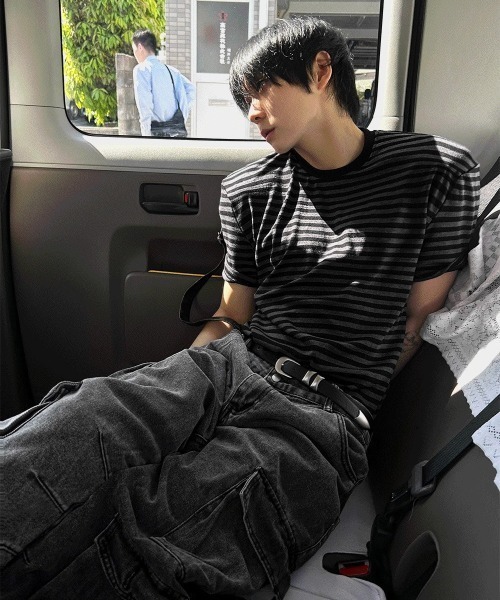 COSYHARU tシャツ マッスルフィットストライプ半袖Tシャツ