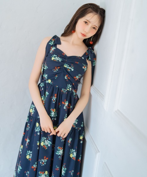 WILLSELECTION ワンピース リボンショルダーフルーツプリント