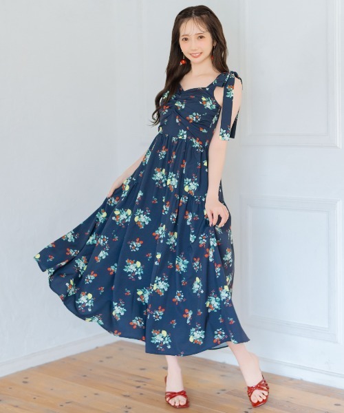 WILLSELECTION ワンピース リボンショルダーフルーツプリント