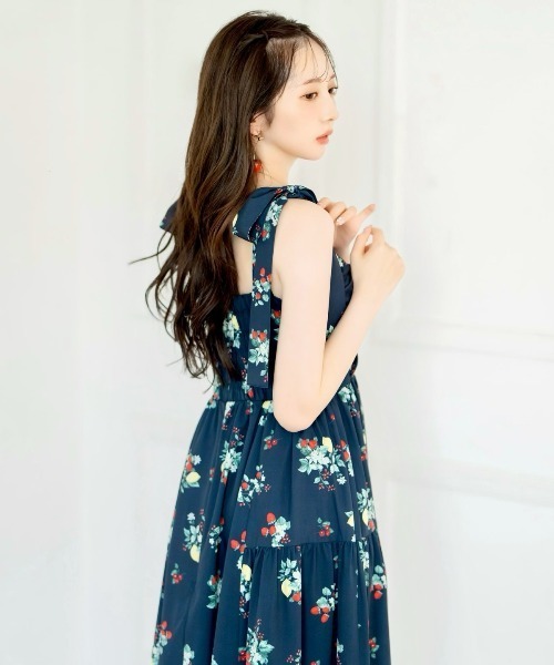 WILLSELECTION ワンピース リボンショルダーフルーツプリント