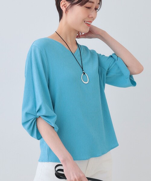 INDIVI tシャツ 「洗える」タックデザインスリーブ ジャージトップス