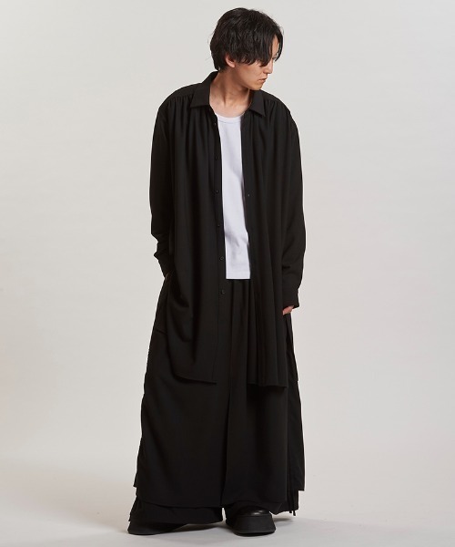 KURO オーバーサイズ シャツコート ロングシャツ 日本製 NO ID.（ノーアイディー） シャツ ms6264- クレリックギャザーロングSH