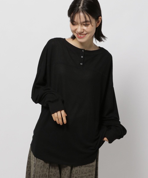 【極美品】アンドワンダー　PEワッフルショートレングスT　ブラック niko and…（ニコアンド） ヘンリーネック tシャツ 2WAYネックワッフル