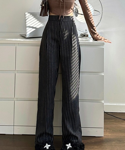 24AW美品efu LINE LOOSE TUCK PANTSワイドパンツ黒S lulufa パンツ 美脚 ストライプワイドパンツ／ルーズシルエット