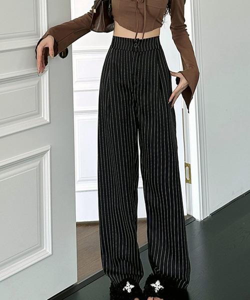 24AW美品efu LINE LOOSE TUCK PANTSワイドパンツ黒S lulufa パンツ 美脚 ストライプワイドパンツ／ルーズシルエット