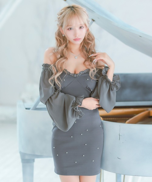 Tika（ティカ） ドレス キャバドレス ミニ タイト 長袖 谷間 オフ