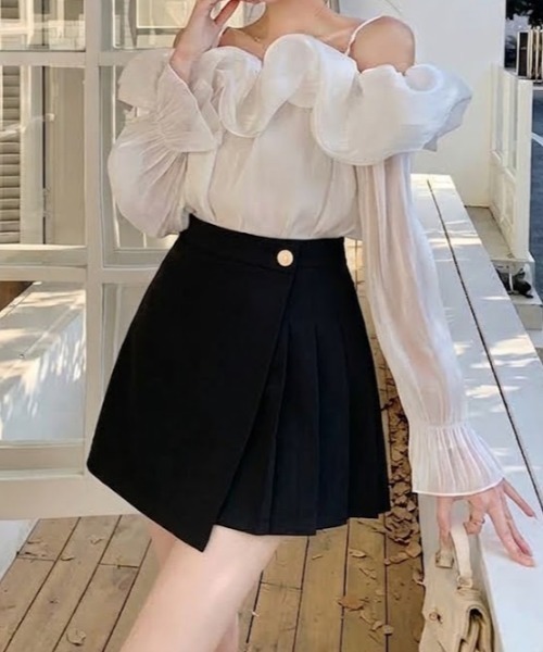 Mejoul スカート 「インパン付き」ハイウエストラップ風プリーツミニ