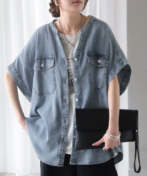 HUG.U（ハグユー） ブラウス シャツ フレンチスリーブデニムシャツ