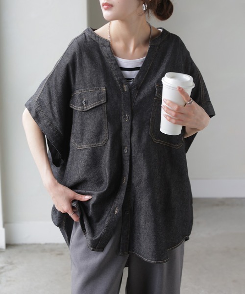 HUG.U（ハグユー） ブラウス シャツ フレンチスリーブデニムシャツ