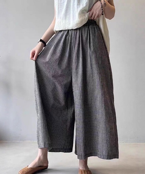ワイドパンツ パンツ ギンガムチェックワイドパンツ レディース