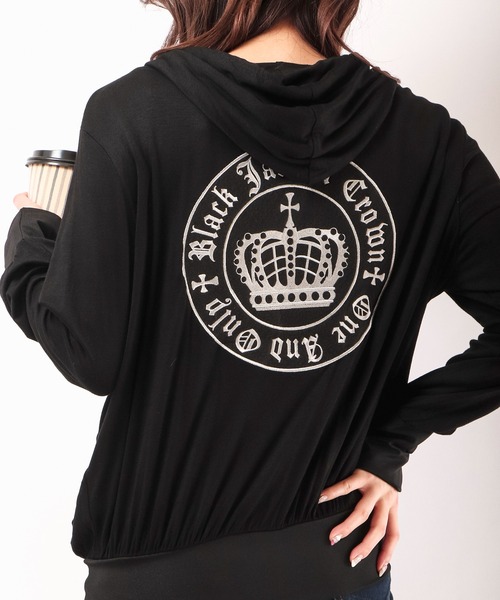 パーカー BLACK JACKALL CROWN レーヨン天竺 ロゴ刺繍アップリケ ZIPパーカー レディース