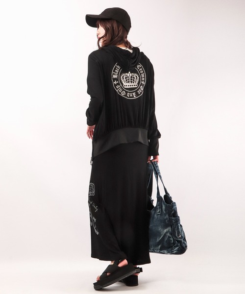 パーカー BLACK JACKALL CROWN レーヨン天竺 ロゴ刺繍アップリケ ZIPパーカー レディース BLACK JACKALL CROWN パーカー レーヨン天竺 ロゴ刺繍アップリケ