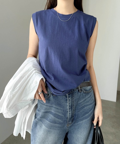 mame ノースリーブトップス ネイビー アンドミー andme メタルボタン ノースリーブ ニット トップス