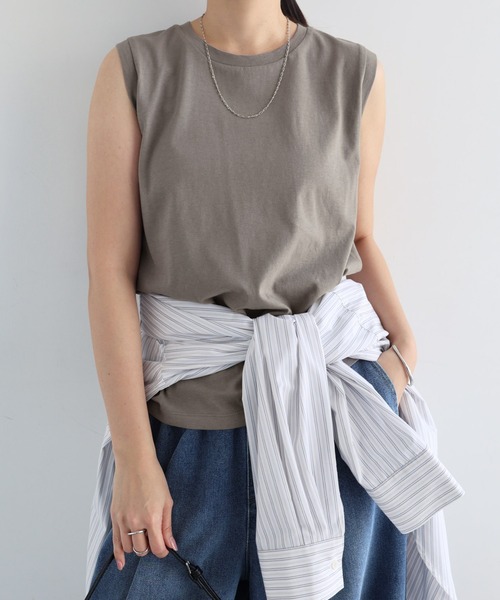 専用　アンスクリア　INSCRIRE コットン天竺ノースリーブTシャツ レディース】Natural Mix Rib Layered T/T | INSCRIRE(アンスクリア