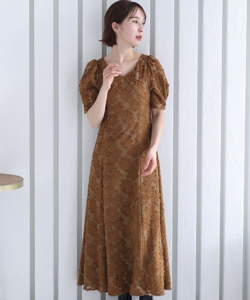PourVous　ドレス　リボン　シフォン　レース　ロング　結婚式　ブラウン　M PourVous（プールヴー） パーティードレス ドレス 七分袖＆ミモレ丈