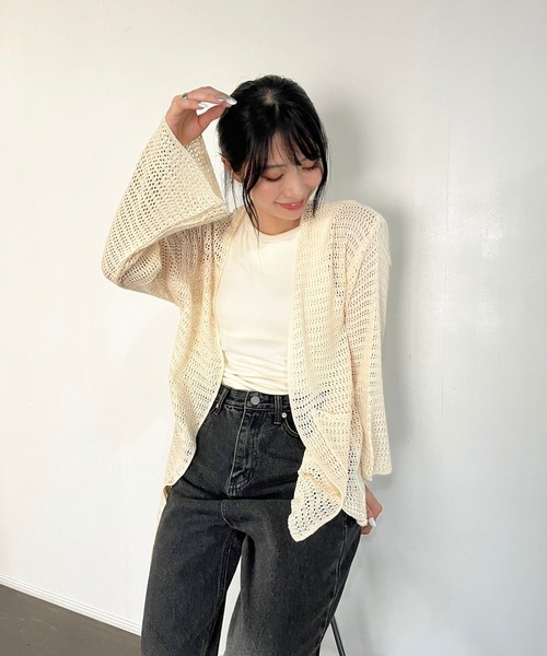 カーディガン フレアスリーブカーディガン レディース Jewelobe カーディガン フレアスリーブ透かし編みミディ