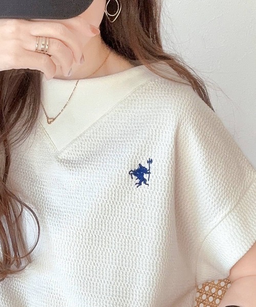 tシャツ Tシャツ レディース ポコポコ素材で大人フレンチ。オーガニックコットンL混 胸刺繍ネック切替半袖プルオーバー｜zozo｜02