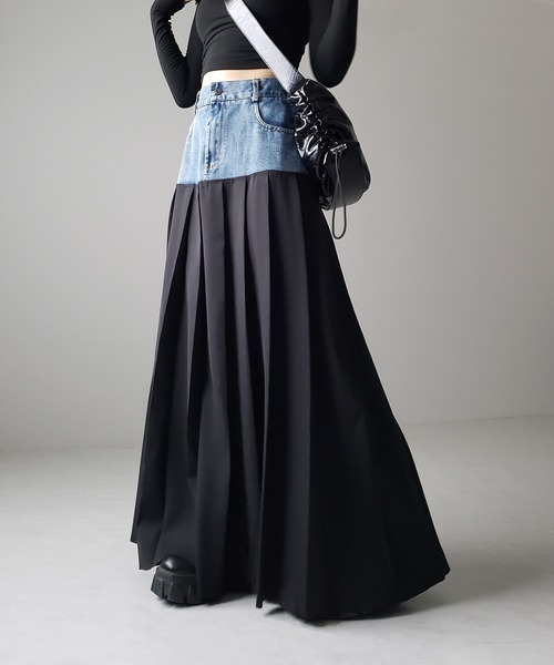 スカート 「 2color 」デニムドッキングマキシプリーツスカート  