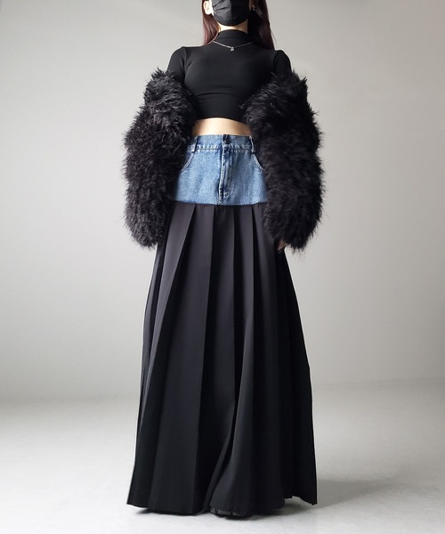 スカート 「 2color 」デニムドッキングマキシプリーツスカート  