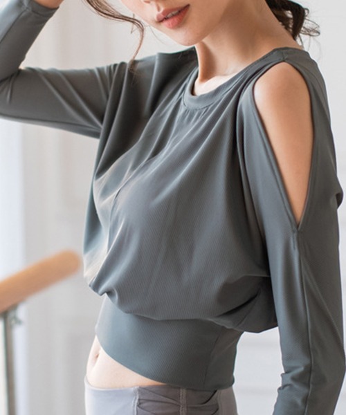 HYS SHOP レディース 長袖オープンショルダークロップドヨガウェア