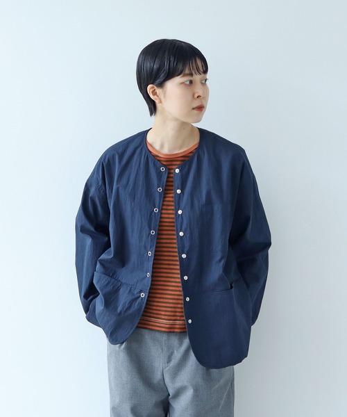 美品✨ルネ　23年　ノーカラー　ジャケット　撥水　ナイロン　36　ネイビー PAR ICI ジャケット ノーカラージャケット コットンナイロン