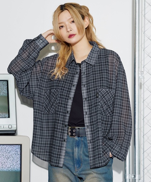 シャツ ミニチェック長袖シアーシャツ「UNISEX」 メンズ レディース