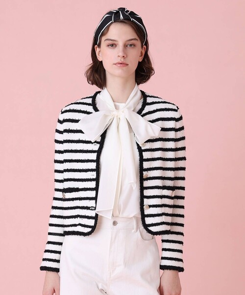 今期極美品♡ANAYI ペーパーシャギーポケットカーディガン・白ボーダー♡38 今期極美品♡ANAYI ペーパーシャギーポケットカーディガン・白