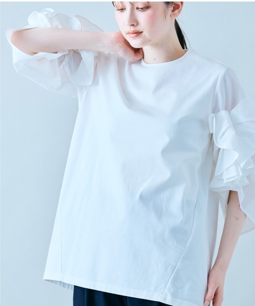 tシャツ 袖ギャザーフリルブラウス レディース