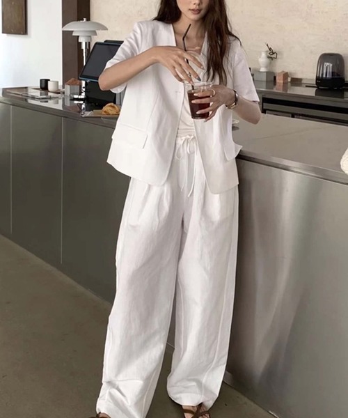 リネン風 白セットアップ 半袖シャツ×ワイドパンツ 上品涼感 セットアップ リネンライクノーカラー半袖ジャケット＆ワイド