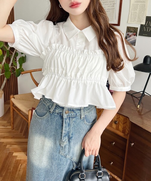 moment+ ブラウス シャツ 無地＆マルチストライプフリルビスチェセット