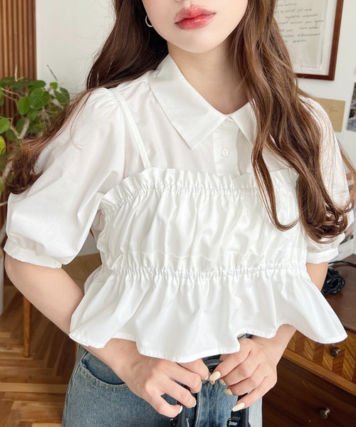 シャツ/ブラウス(半袖/袖なし) MYLAN Stripe Ruffle Blouse by muni:r ブラウス シャツ ストライプ半袖シャツ レディース