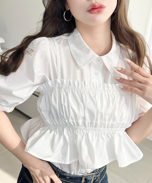 moment+ ブラウス シャツ 無地＆マルチストライプフリルビスチェセット