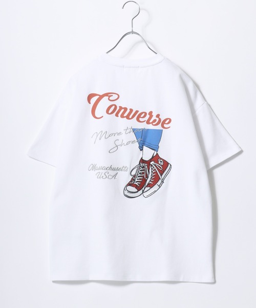 8SM1 converse バックプリントTシャツ　スニーカー　白　S 古着 CONVERSE（コンバース） tシャツ ドライ素材 シューズグラフィック